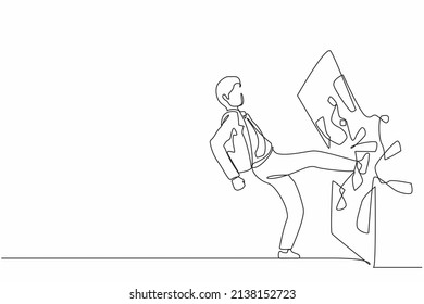 Single continuous line drawing businessman kicked the mirror and shattered it. Breaking impossible barrier. Business motivation, breakthrough concept. One line draw graphic design vector illustration