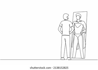 Single continuous line drawing businessman looking at reflection in mirror and seeing super hero standing. Leadership, ambition and self confidence. One line draw graphic design vector illustration