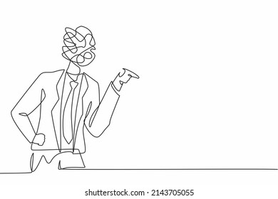 Single continuous line drawing businessman with round scribbles instead of head. Angry worker arguing, conflicting. Quarrel fight aggressive person. Male shouting. One line draw graphic design vector