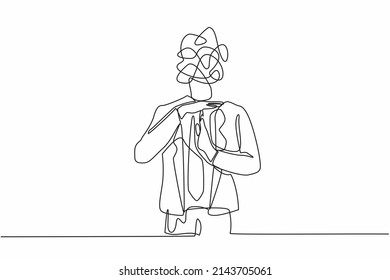 Single continuous line drawing businessman with round scribbles instead of head. Stop working, time break gesture, timeout signal. Pause. Nonverbal communication. One line draw graphic design vector