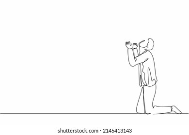 Single continuous line drawing businessman or manager is on his knees and ask for help. Man in a business suit praying. Psychological therapy and treatment. One line graphic design vector illustration