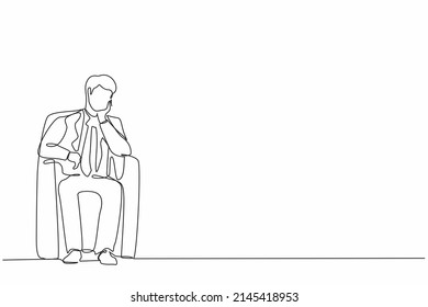 Single continuous line drawing businessman sitting at sofa in living room, feeling stressed, alone. Anxious worker sit on couch, crying, feel frustrated, depressed, suffer. One line draw design vector