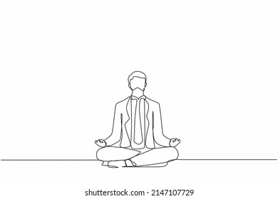 Un único empresario de dibujo continuo haciendo yoga. Trabajador de oficina sentado en una pose de yoga, meditación, relajación, calma y manejo del estrés. ilustración vectorial de diseño gráfico de una línea dinámica