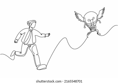 Single continuous line drawing businessman run chasing try to catch flying light bulb. Searching inspiration, creative idea, success. Business metaphor. One line graphic design vector illustration