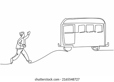 Single continuous line drawing businessman run chasing try to catch train. Hurry running to get transportation, public passenger vehicle. Business metaphor. One line graphic design vector illustration