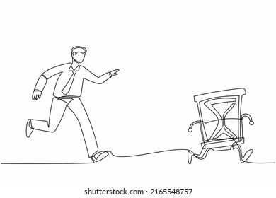 Single continuous line drawing businessman run chasing try to catch hourglass. Concept of stress, angry, burnout, deadlines, depression. Business metaphor. One line graphic design vector illustration