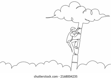 Single continuous line drawing businessman climbing up ladder to cloud. Successful manager rising business development. Professional growth promotion. One line draw graphic design vector illustration