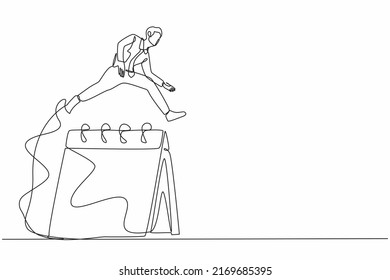 Single continuous line drawing businessman jumping over big calendar. Executive manager scheduling staff meeting, planning month work in desk calendar. One line draw graphic design vector illustration