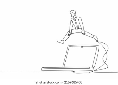 Single Continuous Line Drawing Businessman Jumping Over Big Laptop Computer. Information Technology Digital At Office. System Data Computing For Working Efficiency. One Line Design Vector Illustration