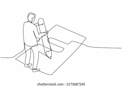 Single continuous line drawing businessman filled out questionnaire on the floor. Worker writes test on clipboard with giant pencil. Man standing near checklist. One line design vector illustration