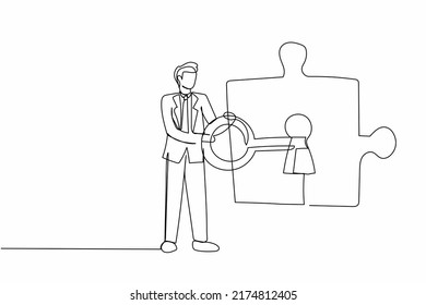 Single continuous line drawing businessman putting big key into puzzle piece. Completing project metaphor. Teamwork solving complicated tasks. Partnership. One line graphic design vector illustration