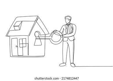 Single Continuous Line Drawing Businessman Putting Big Key Into House. People Investing Money In Real Estate. House Loan, Property Mortgage Concept. One Line Draw Graphic Design Vector Illustration