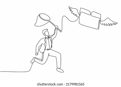 Single continuous line drawing businessman try to catching flying folder with butterfly net. Analyzing and researching office paper document and file archive. One line draw design vector illustration