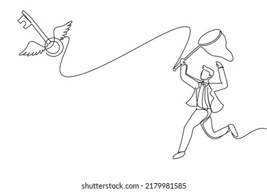 Single continuous line drawing businessman try to catching flying key with butterfly net. Find key to solve problems, opportunity, business solution. One line draw graphic design vector illustration