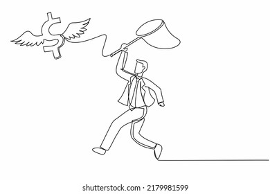 Single continuous line drawing businessman try to catching flying dollar sign symbol with butterfly net. Finance, money, opportunity. Economic crisis. One line draw graphic design vector illustration