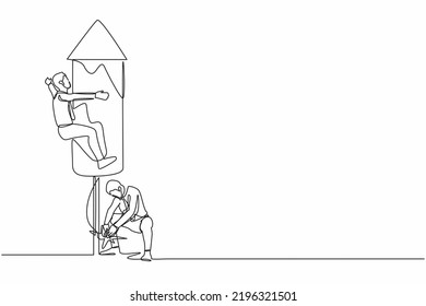 Single continuous line drawing businessman ignites a fireworks rocket while his teammates prepare to fly on the rocket. Business motivation metaphor. One line draw graphic design vector illustration