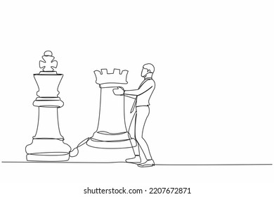 Single continuous line drawing businessman holding rook chess piece. Concept of strategic planning, business development strategy, tactics in entrepreneurship. One line draw design vector illustration