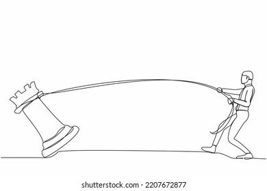 Single continuous line drawing businessman pulling big rook chess with rope. Business achievement goal, idea, strategy, competitive, strategic concept. One line draw graphic design vector illustration
