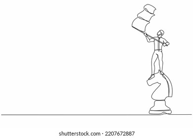 Single continuous line drawing businessman standing on top of big horse chess piece and waving a flag. Defeat competitors in business as winning chess game. One line graphic design vector illustration