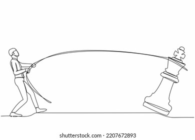 Single continuous line drawing businessman pulling big king chess with rope. Business achievement, strategy. Competitive worker in market competition. One line draw graphic design vector illustration