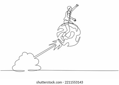 Single continuous line drawing businessman riding sphere globe rocket flying in the sky. Global business expansion, open company branch, franchise in new location. One line design vector illustration