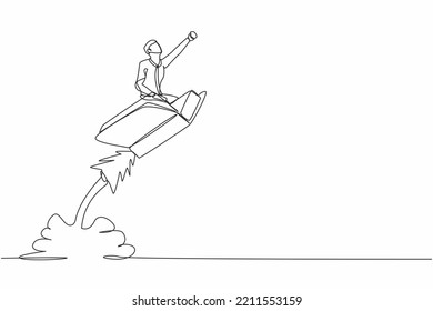 Single continuous line drawing businessman riding book rocket flying in the sky. Increase interest in reading smart students. Bookstore, education concept. One line graphic design vector illustration