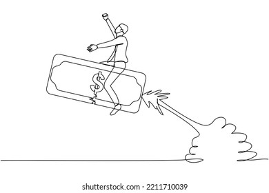 Single continuous line drawing businessman riding banknote money rocket flying in the sky. Investment opportunity, visionary to make profit, financial growth. One line draw design vector illustration