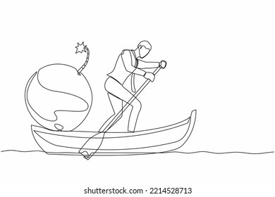 Una sola línea contínua dibujando a un empresario parado en un bote y navegando con una bomba. El gerente conlleva riesgos peligrosos para la empresa. El colapso económico debido a la crisis. Ilustración vectorial de diseño de líneas de una línea