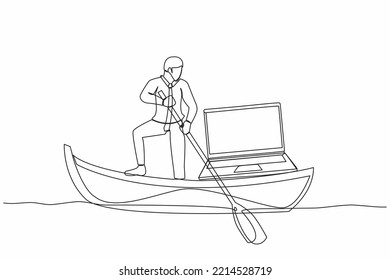 Single continuous line drawing businessman standing in boat and sailing with laptop computer. Happy worker as a freelancer or creative manager. Remote work. One line graphic design vector illustration