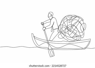 Single continuous line drawing businessman standing in boat   sailing and messy line  Escape from anxiety mind due to being fired from work  Dynamic one line draw graphic design vector illustration