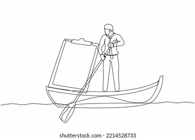 Un empresario de dibujo de línea continua de pie en barco, navegando con el portapapeles. Escape del trabajador de oficina del tablero de lista de comprobación de fecha límite. Problema de productividad. Ilustración vectorial de diseño de líneas de una línea