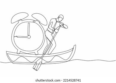 Single continuous line drawing of businessman standing in boat and sailing with alarm clock. Manager escape from project deadline. Time management problem. One line graphic design vector illustration