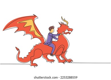 Single continuous line drawing businessman riding dragon. Conquering adversity, courage, victory, leadership in business. Professional entrepreneur. One line draw graphic design vector illustration