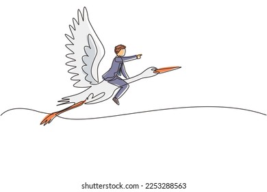 Single continuous line drawing businessman riding stork symbol of success. Business metaphor concept, looking at the goal, achievement, leadership. One line draw graphic design vector illustration