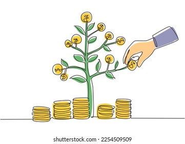 Single continuous line drawing businessman hand pick up coin from growing money tree. Background concept for return money saving and investment. One line draw graphic design vector illustration