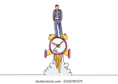 Single continuous line drawing businessman riding alarm clock rocket ship and fire  clouds  Time  watch  limited offer  deadline symbol  Time to work  Countdown shuttle  One line draw design vector