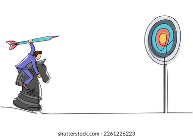 Single continuous line drawing businessman holding a dart arrow while riding chess knight piece, strategic concept. Success business manager. Dynamic one line draw graphic design vector illustration