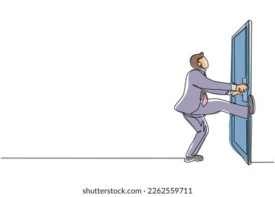 Single continuous line drawing businessman pulling closed door knob with power. Business struggles. Strength for success. Opening closed doors. Dynamic one line draw graphic design vector illustration