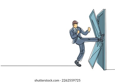 Un empresario de dibujo de línea continua da patadas a la puerta hasta que la puerta se rompe. Hombre dando patadas a la puerta cerrada y destruyendo. Concepto empresarial de superación de obstáculos. Ilustración vectorial de diseño de líneas de una línea