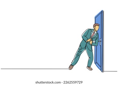 Single continuous line drawing businessman running wants to break down the door. Business struggle. Strength for success. Opening closed doors. Dynamic one line draw graphic design vector illustration