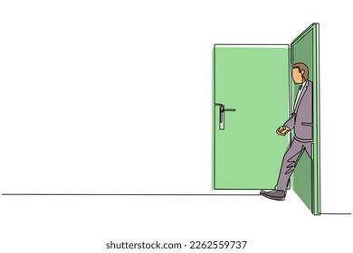 Single continuous line drawing businessman on white background walking through an open door frame. New business ventures. Entering new market. Career growth. One line draw design vector illustration