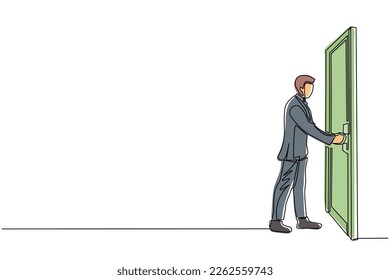 Single continuous line drawing businessman holding a door knob. Entering room in office building. Man holding door knob to open door and enter work space. Dynamic one line draw graphic design vector