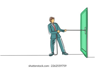 Una sola línea contínua dibujando al empresario tirando de una cuerda para arrastrar la puerta, metáfora para enfrentar un gran problema. Luchas de negocios. Fuerza para el éxito. ilustración vectorial de diseño gráfico de una línea dinámica