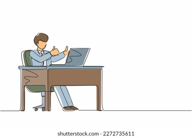 Un empresario de dibujo de línea continua que da buena señal frente al ordenador. Gerente masculino de la misma manera que el equipo operativo mientras se realiza el registro de miniaturas. Feliz concepto de empleado. vector de diseño gráfico de una línea