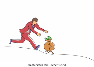 Single continuous line drawing businessman chasing money bag dollar run away. Concept of achieving goals and profits, striving for success, running for money. One line draw design vector illustration