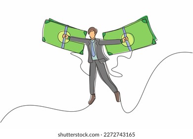 Single continuous line drawing businessman flying on money wings. Concept of financial freedom, depicting man flying on wings made of currency bills. One line draw graphic design vector illustration