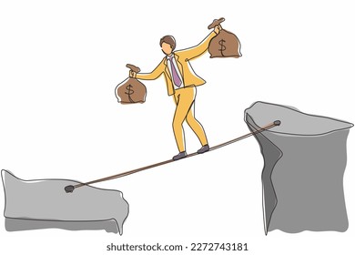 Una sola línea contínua atrae a los empresarios a caminar sobre la montaña de la brecha del acantilado llevan dos bolsas de dinero arriesgando peligrosamente. Saldo masculino joven en puente de cuerda. Ilustración vectorial de diseño gráfico de una línea
