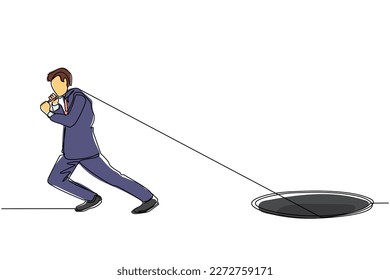Single continuous line drawing businessman trying hard pulling rope to drag something from hole, metaphor to facing big problem. Business struggles. One line draw graphic design vector illustration