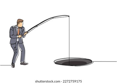 Single continuous line drawing businessman holding fishing rod from hole. Man fishing with rod. Business investment concept. Make money from idea. Dynamic one line graphic design vector illustration
