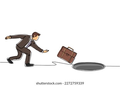 Single continuous line drawing businessman throws briefcase into hole. Failure to take advantage of business opportunities. Depressed and business failure concept. Dynamic one line draw design vector